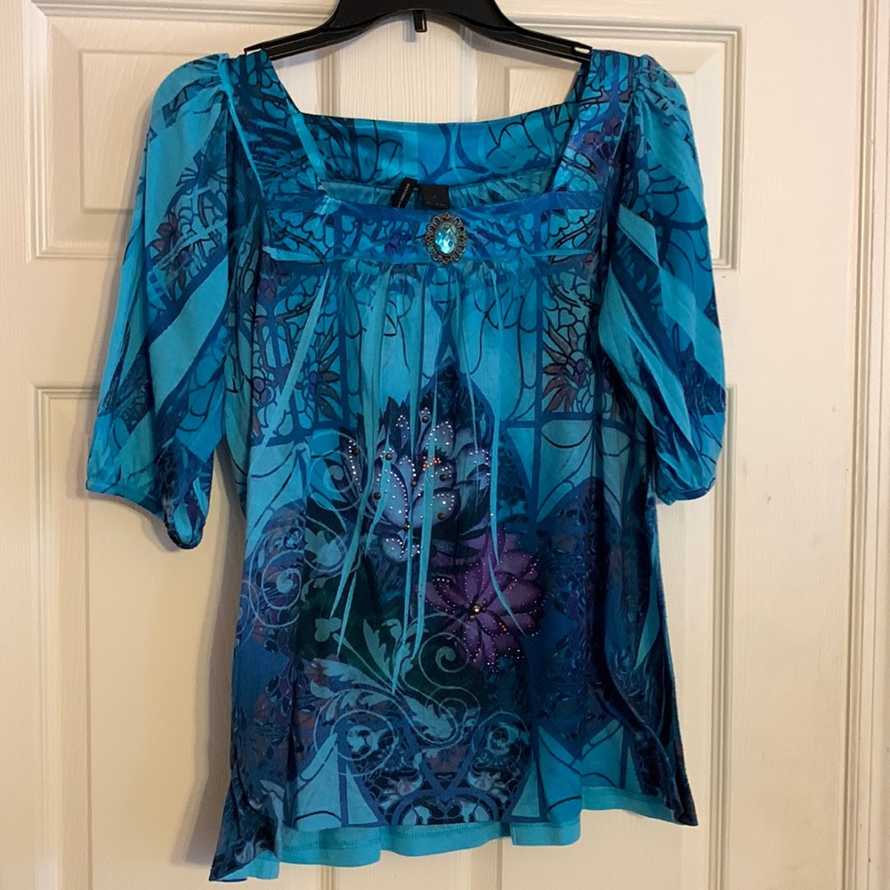 New Directions aqua bejeweled blouse.